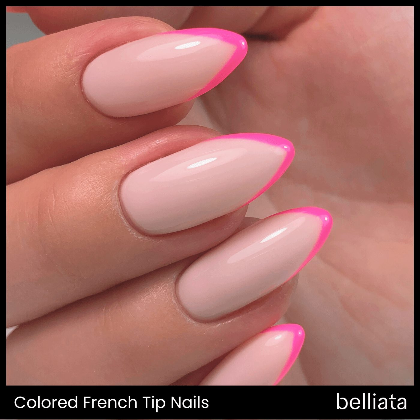 Almond-shaped nails with neon pink colored French tips, a trendy summer 2025 nail style