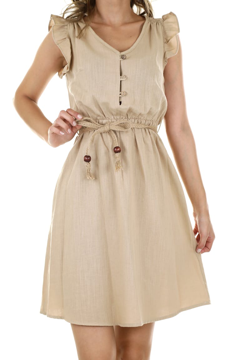 Stylish beige summer dress with buttons and tassels displayed on a white background.