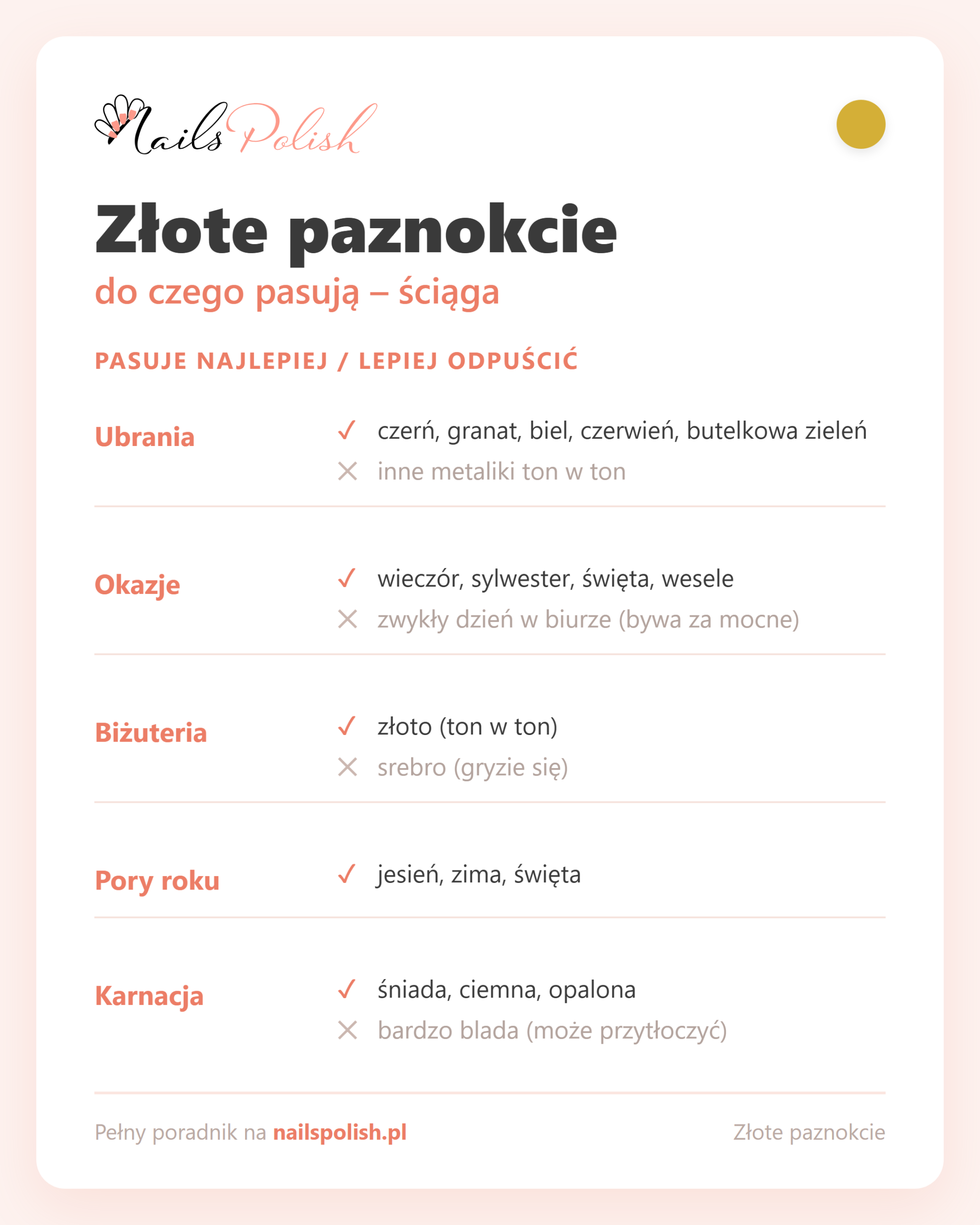 Złote paznokcie – ściąga dopasowań
