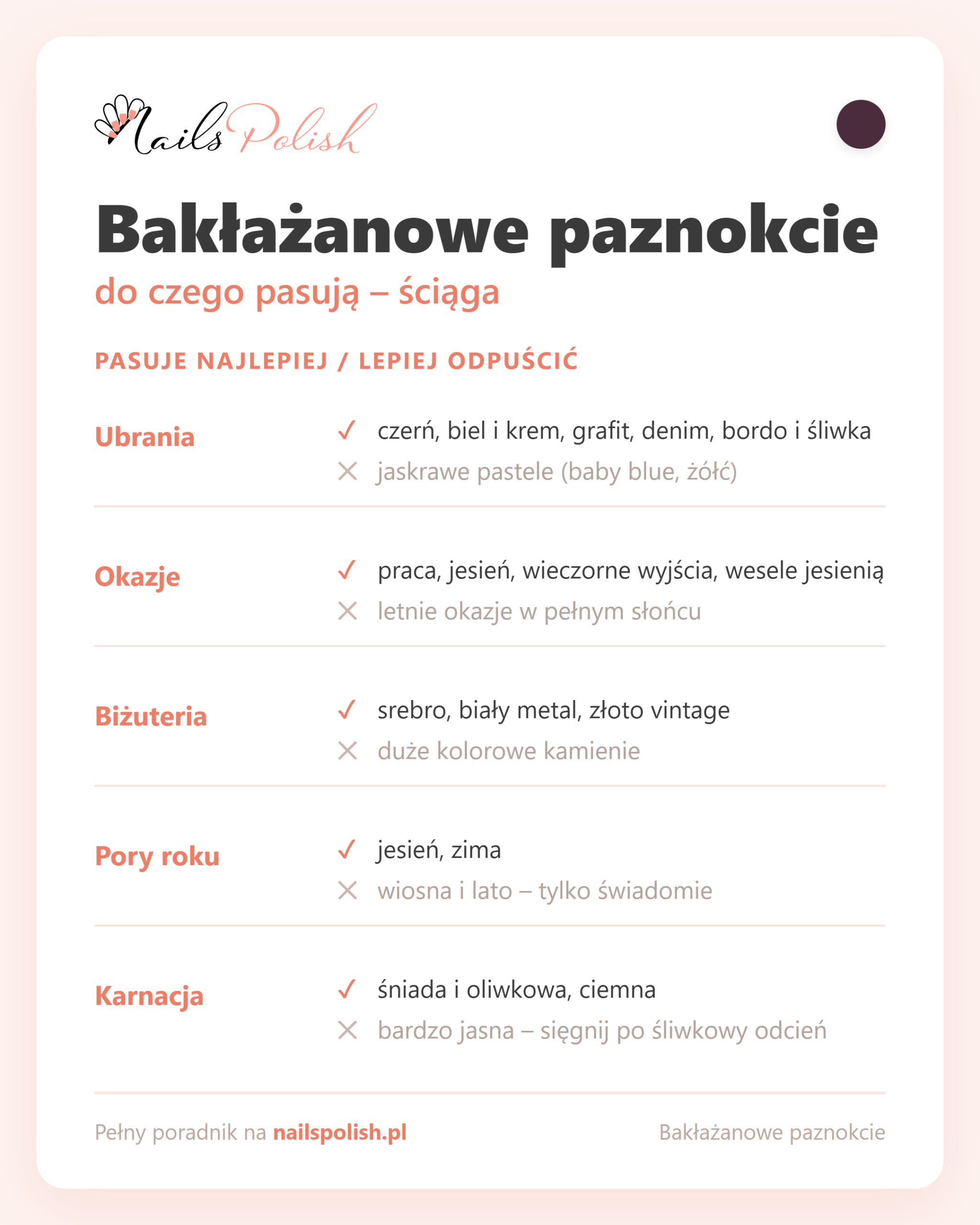 Bakłażanowe paznokcie – do czego pasują, ściąga dopasowań