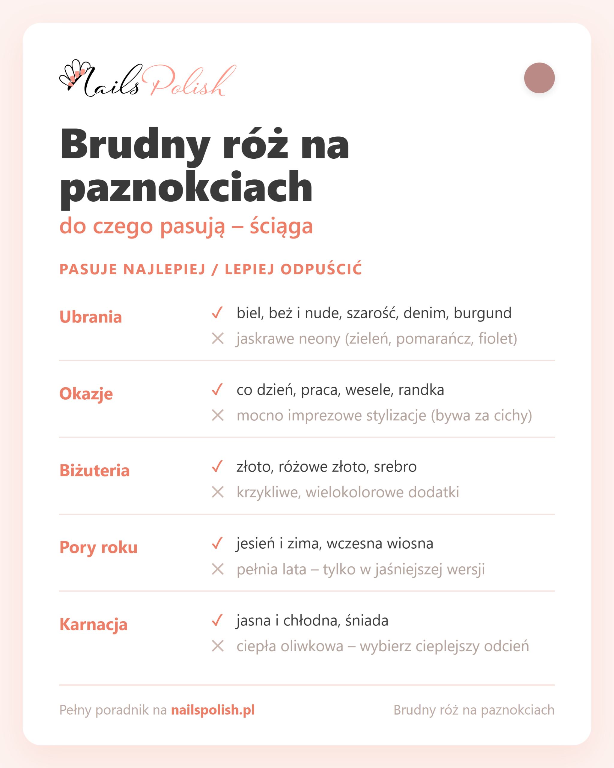 Brudny róż na paznokciach – do czego pasują, ściąga dopasowań