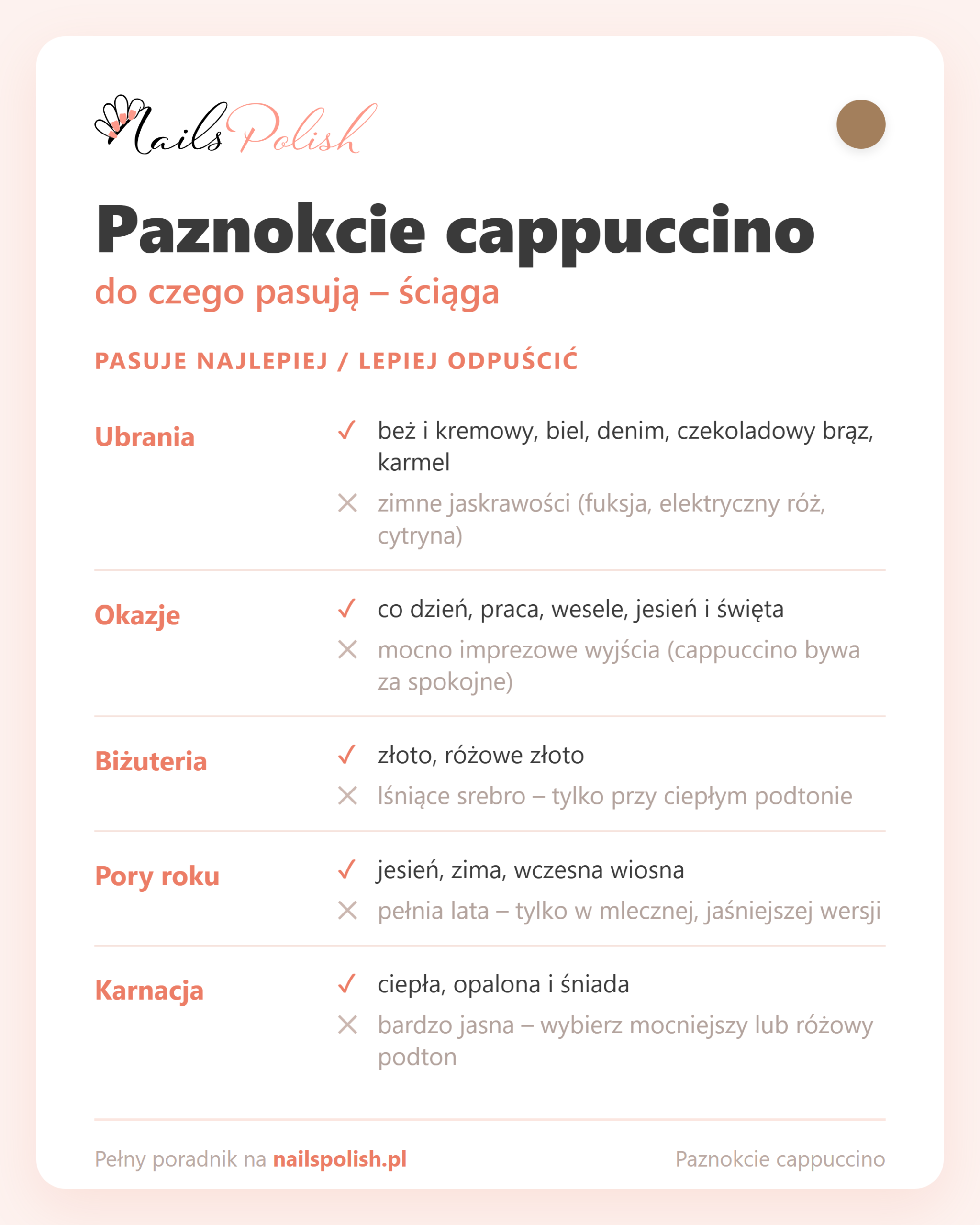 Paznokcie cappuccino – do czego pasują, ściąga dopasowań