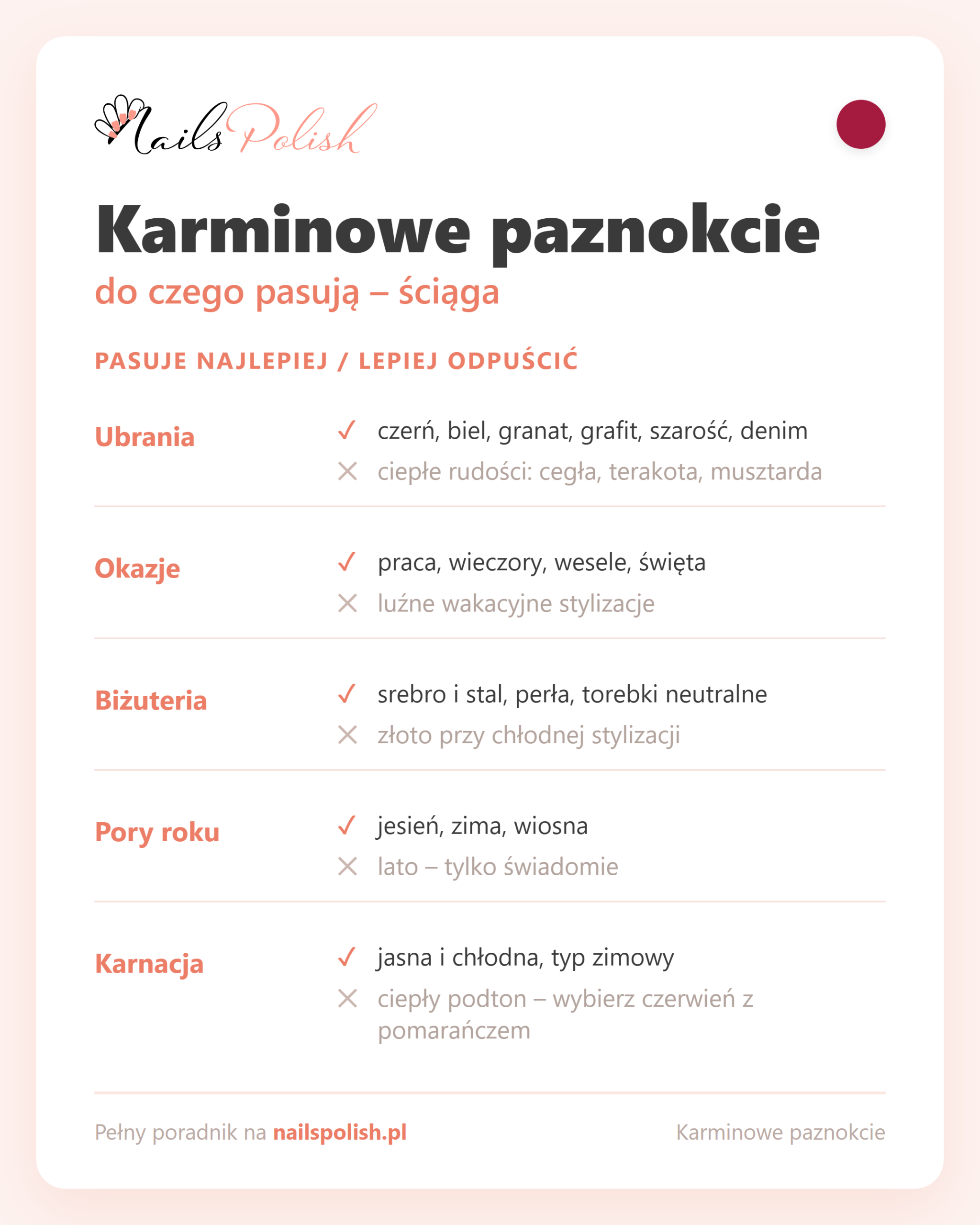 Karminowe paznokcie – do czego pasują, ściąga dopasowań