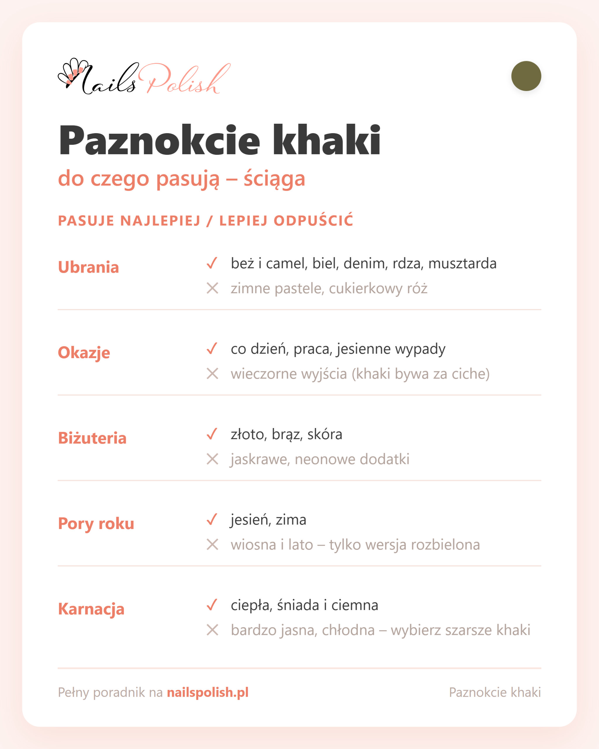Khaki paznokcie – do czego pasują, ściąga dopasowań