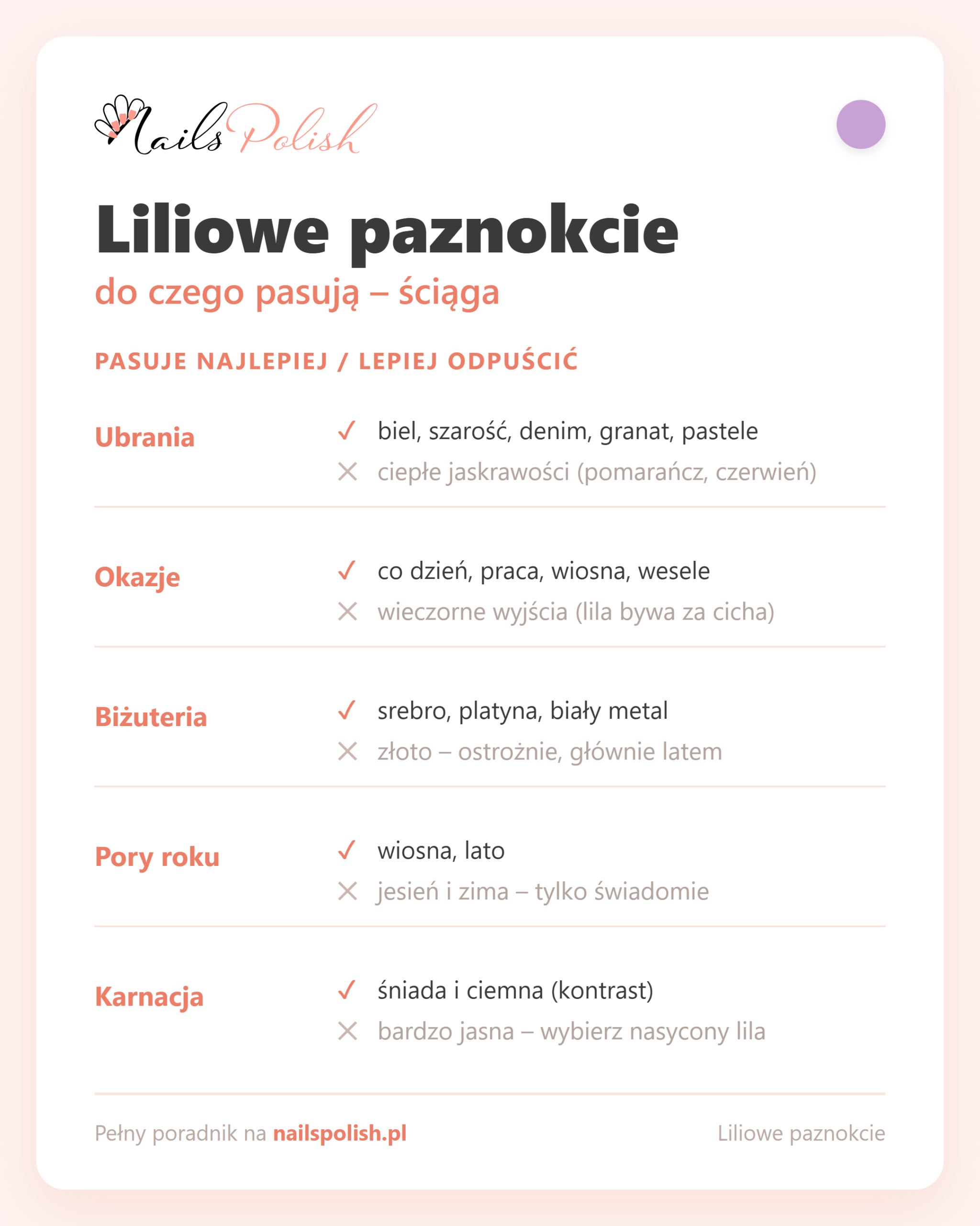 Liliowe paznokcie – do czego pasują, ściąga dopasowań