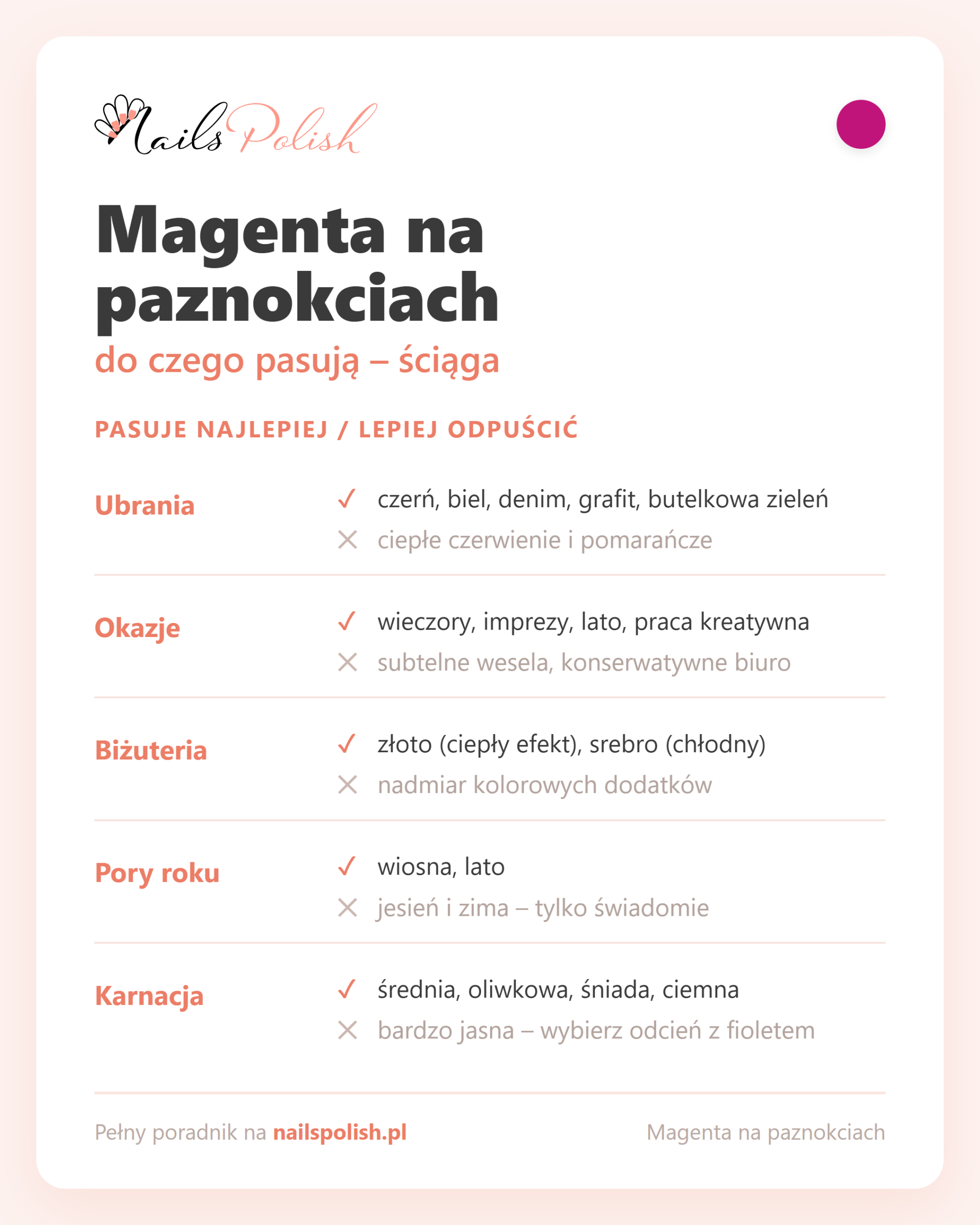 Paznokcie magenta – do czego pasują, ściąga dopasowań