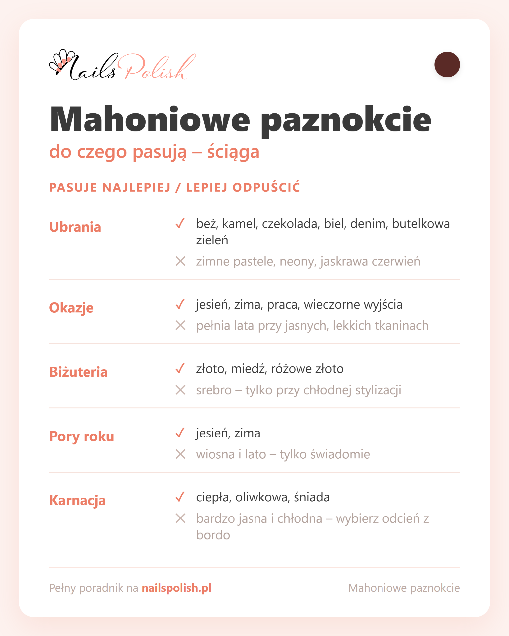 Mahoniowe paznokcie – do czego pasują, ściąga dopasowań