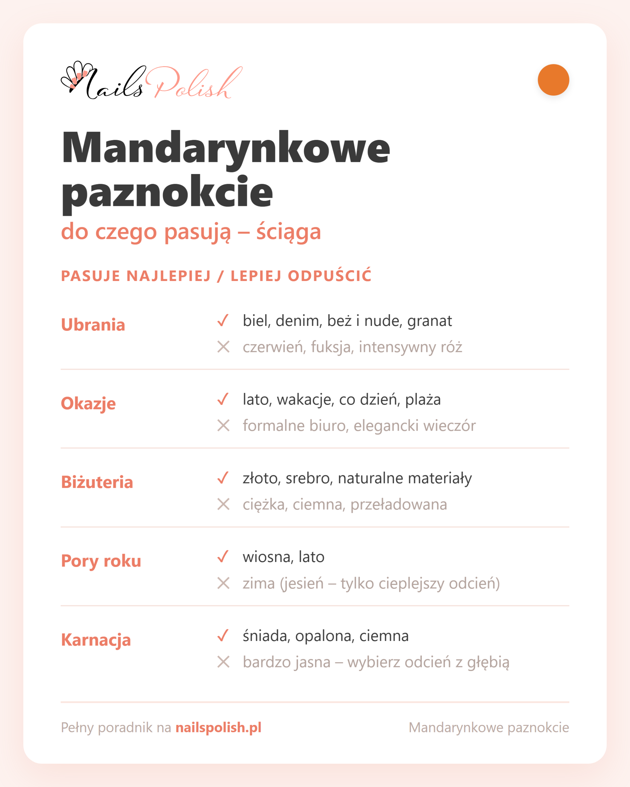 Mandarynkowe paznokcie – do czego pasują, ściąga dopasowań