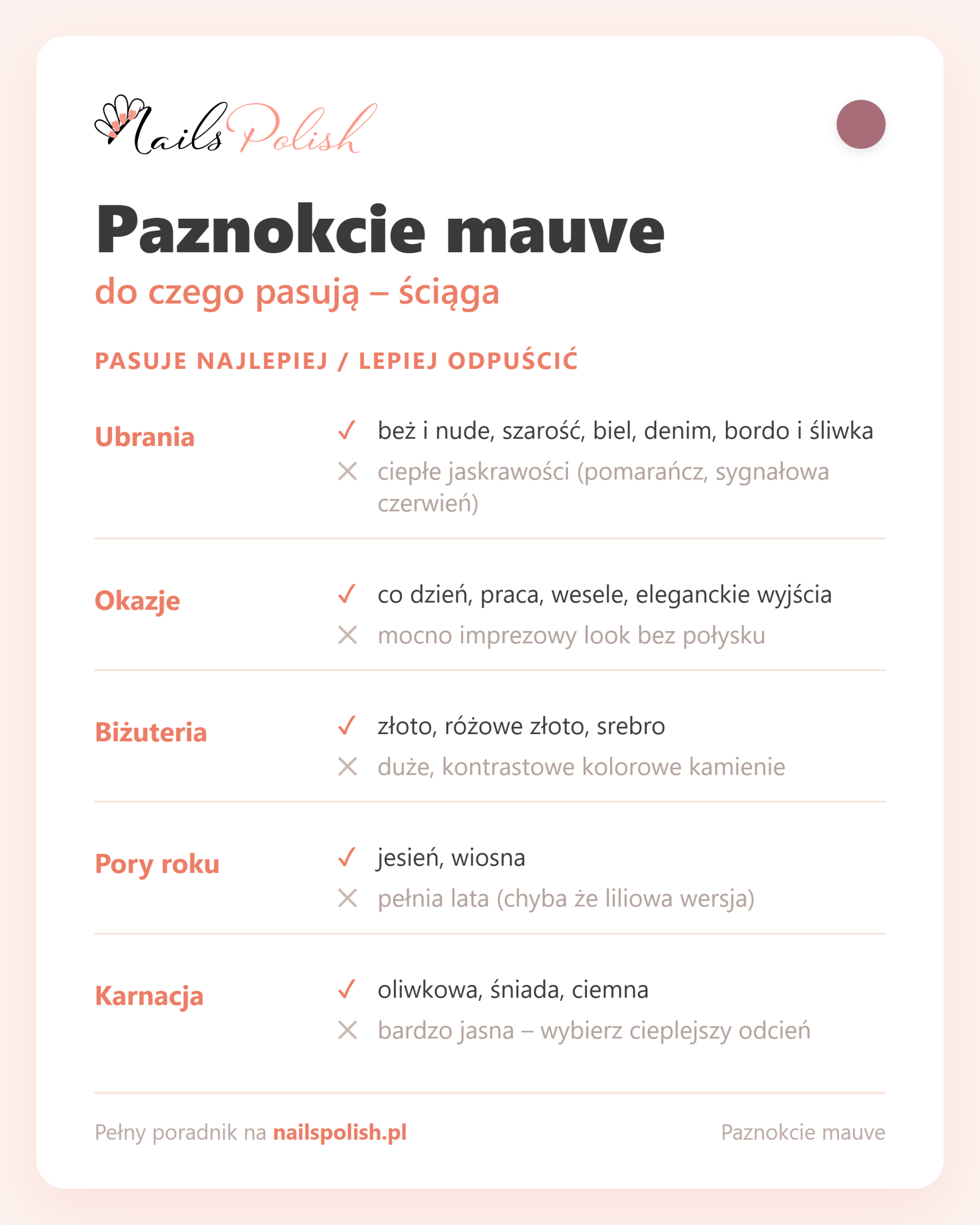 Paznokcie mauve – do czego pasują, ściąga dopasowań