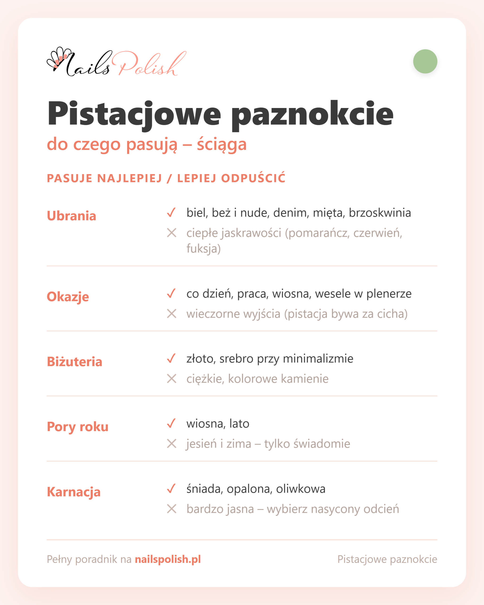 Pistacjowe paznokcie – do czego pasują, ściąga dopasowań