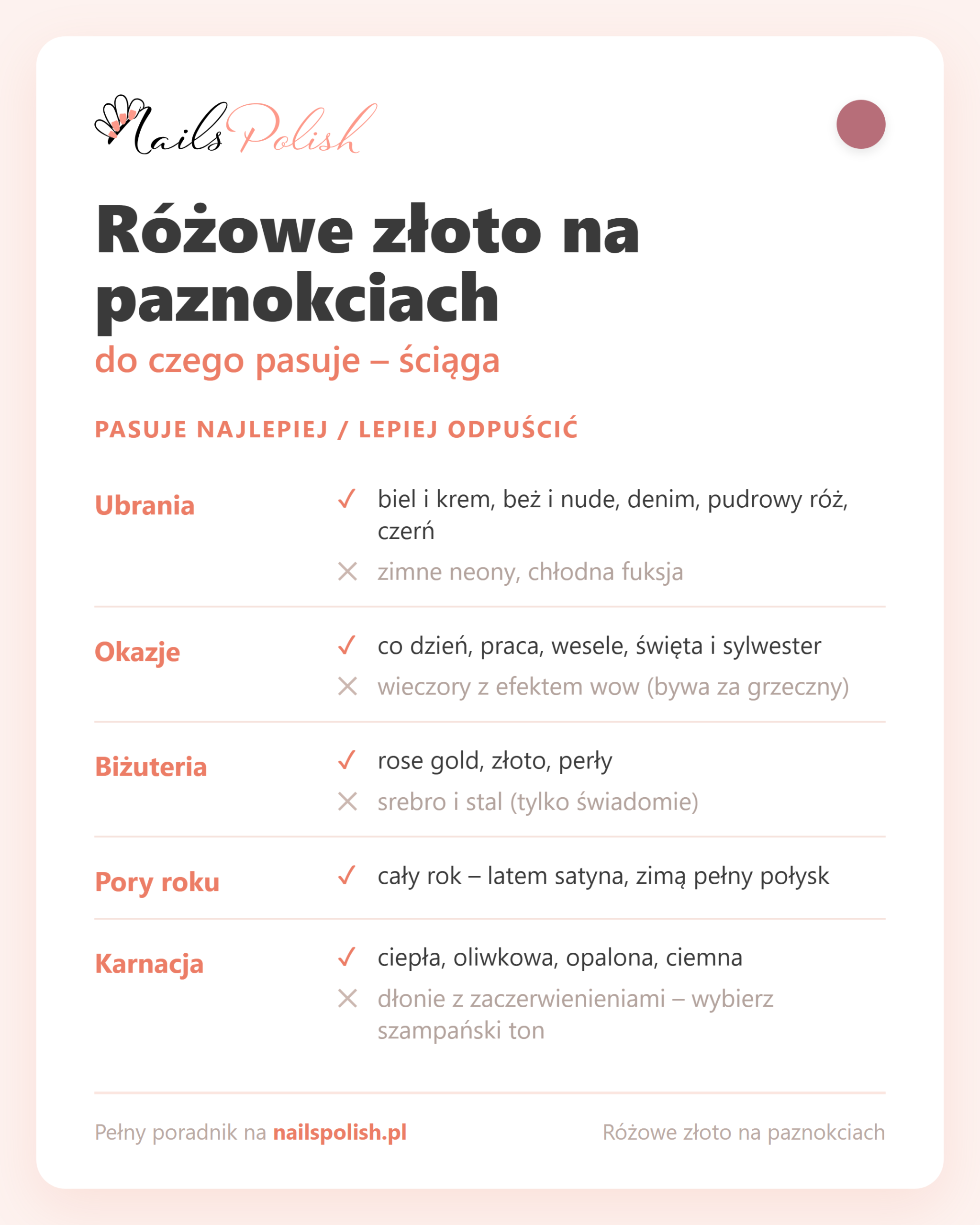 Różowe złoto na paznokciach – do czego pasuje, ściąga dopasowań