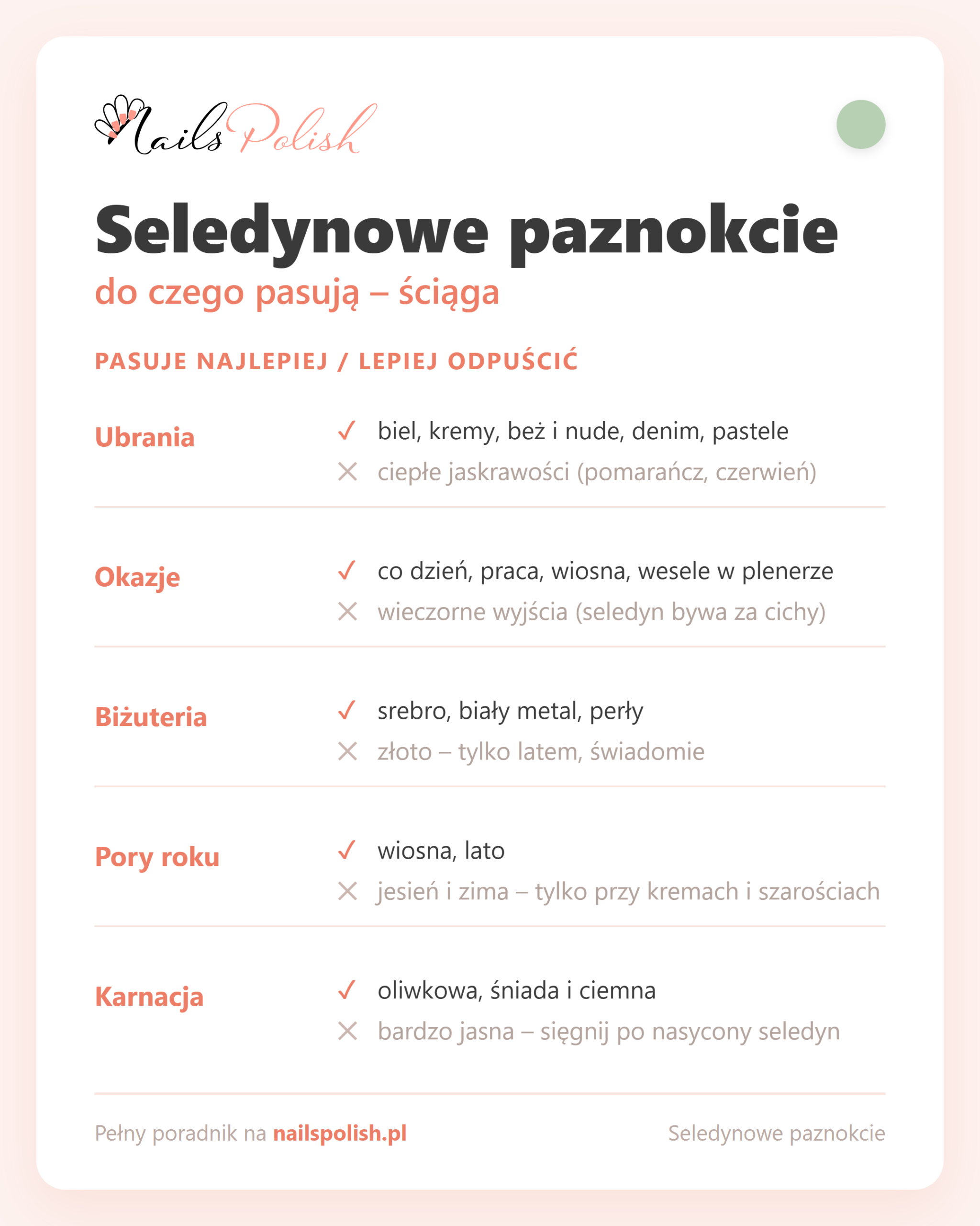 Seledynowe paznokcie – do czego pasują, ściąga dopasowań