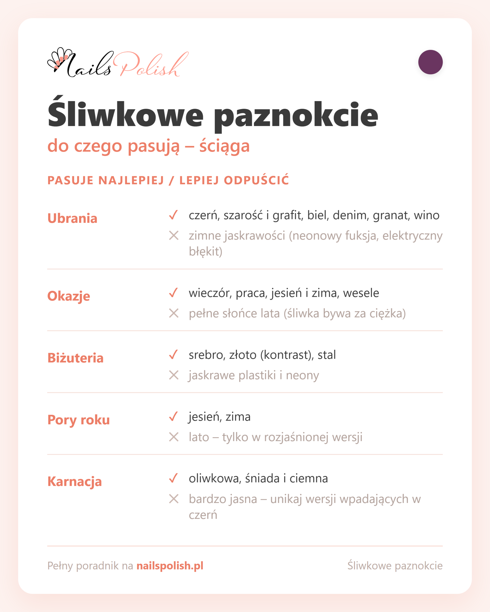 Śliwkowe paznokcie – do czego pasują, ściąga dopasowań