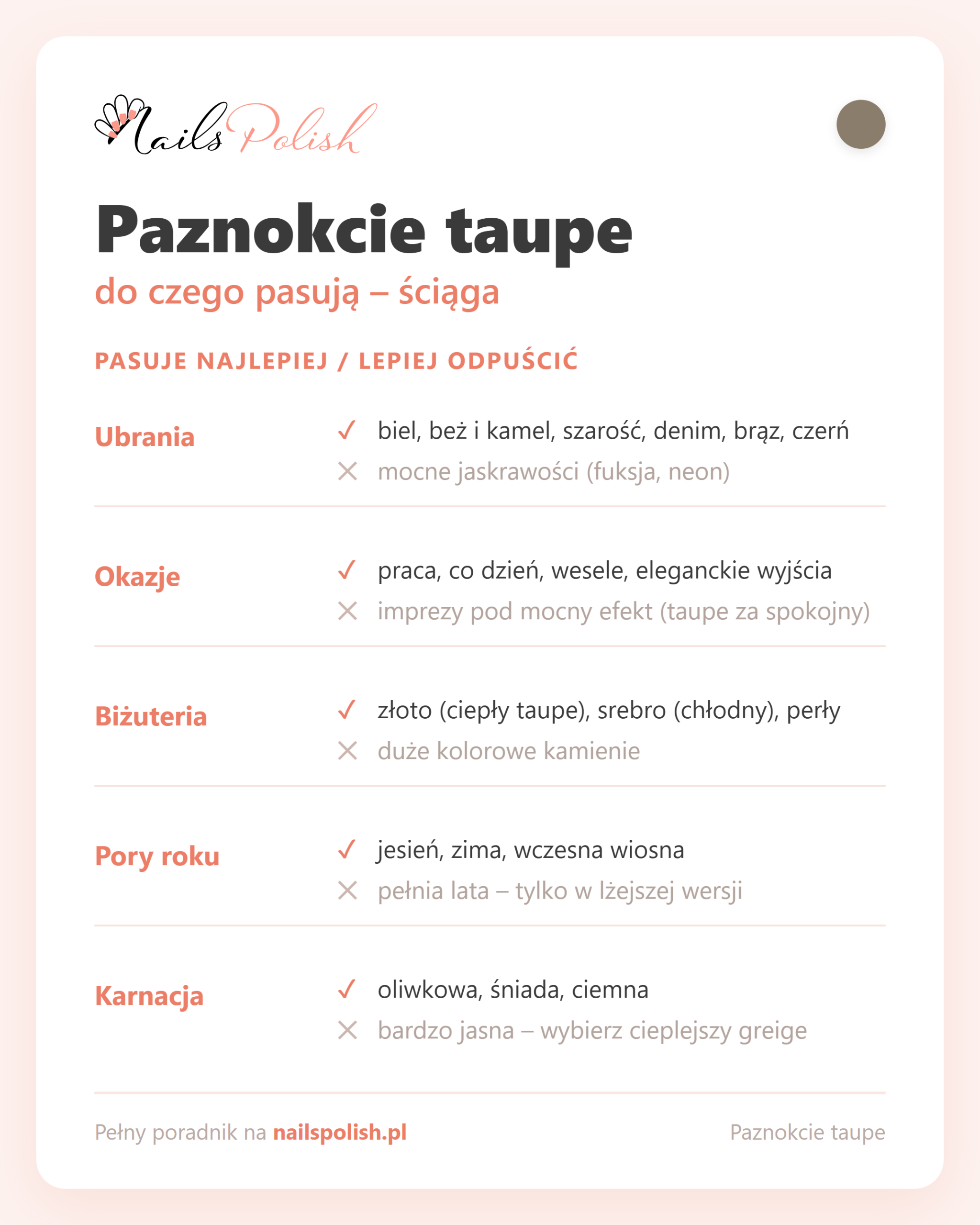 Paznokcie taupe – do czego pasują, ściąga dopasowań