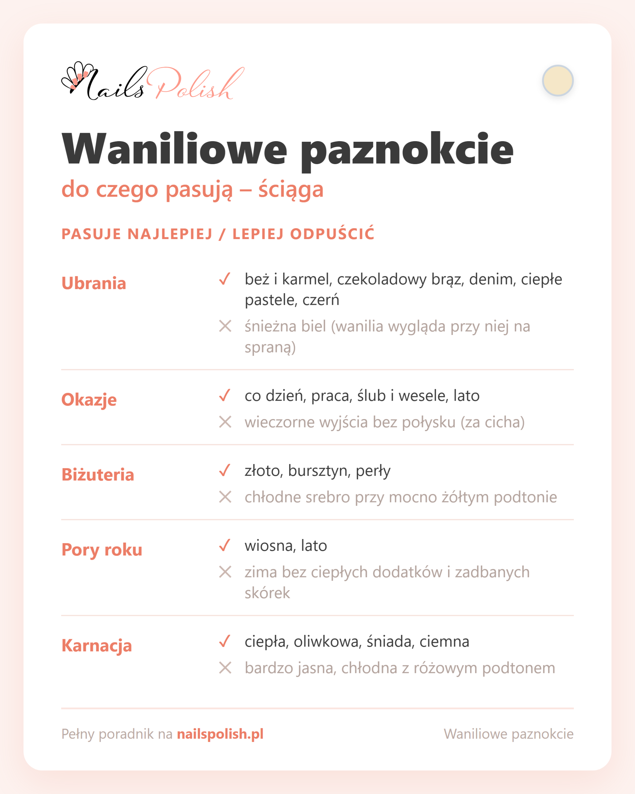 Waniliowe paznokcie – do czego pasują, ściąga dopasowań