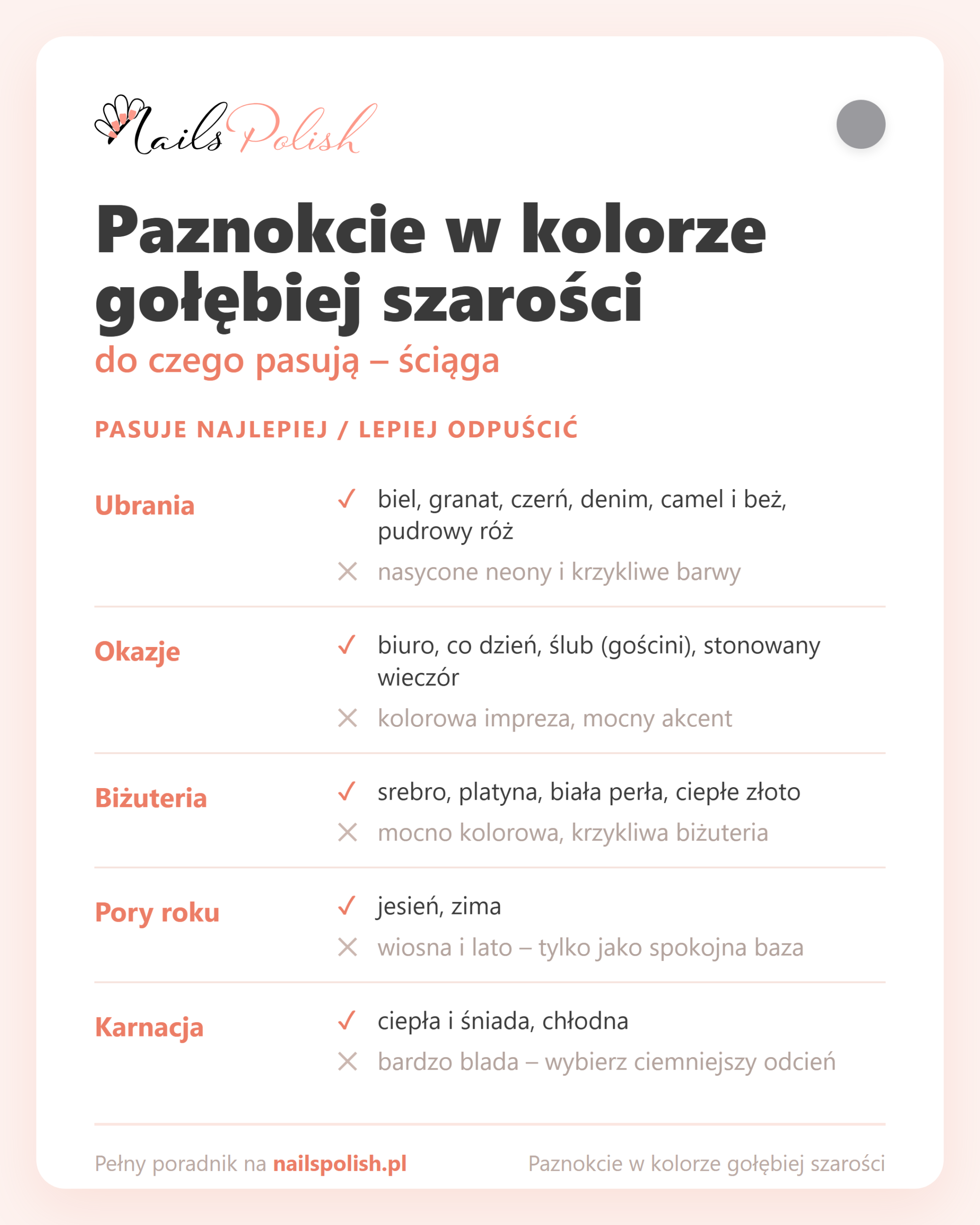 Paznokcie w kolorze gołębiej szarości – do czego pasują, ściąga dopasowań
