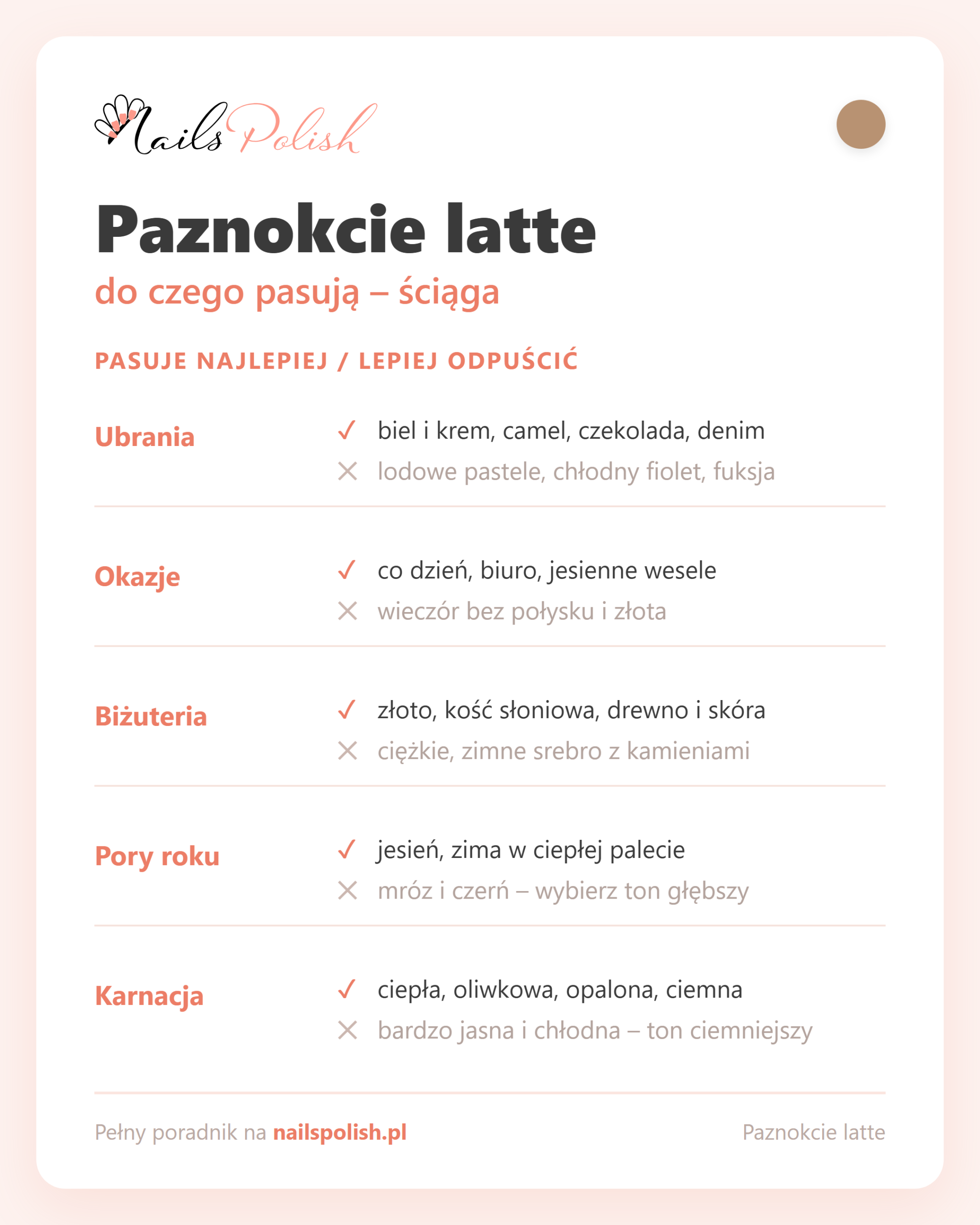 Paznokcie latte – do czego pasują, ściąga dopasowań
