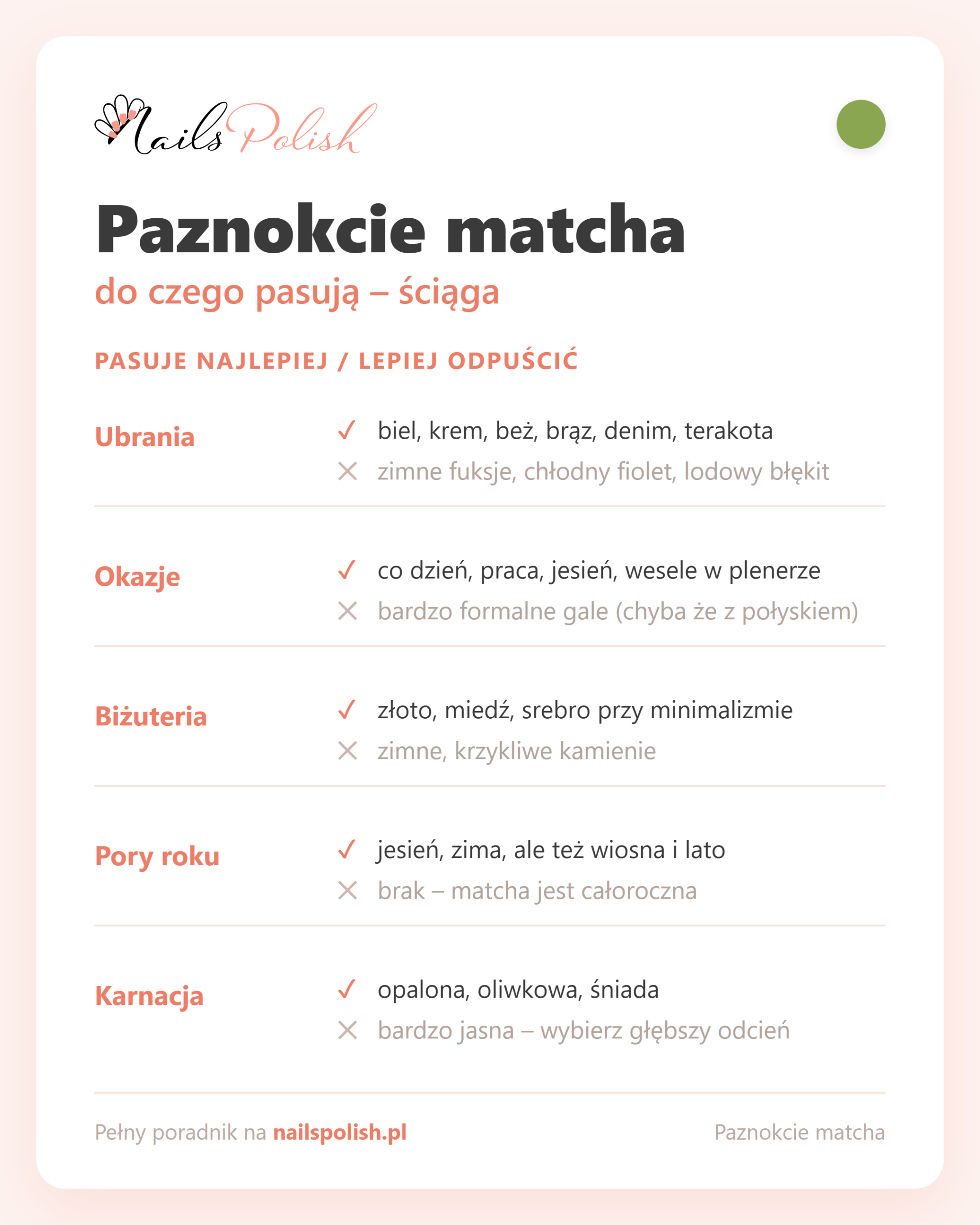 Paznokcie matcha – do czego pasują, ściąga dopasowań