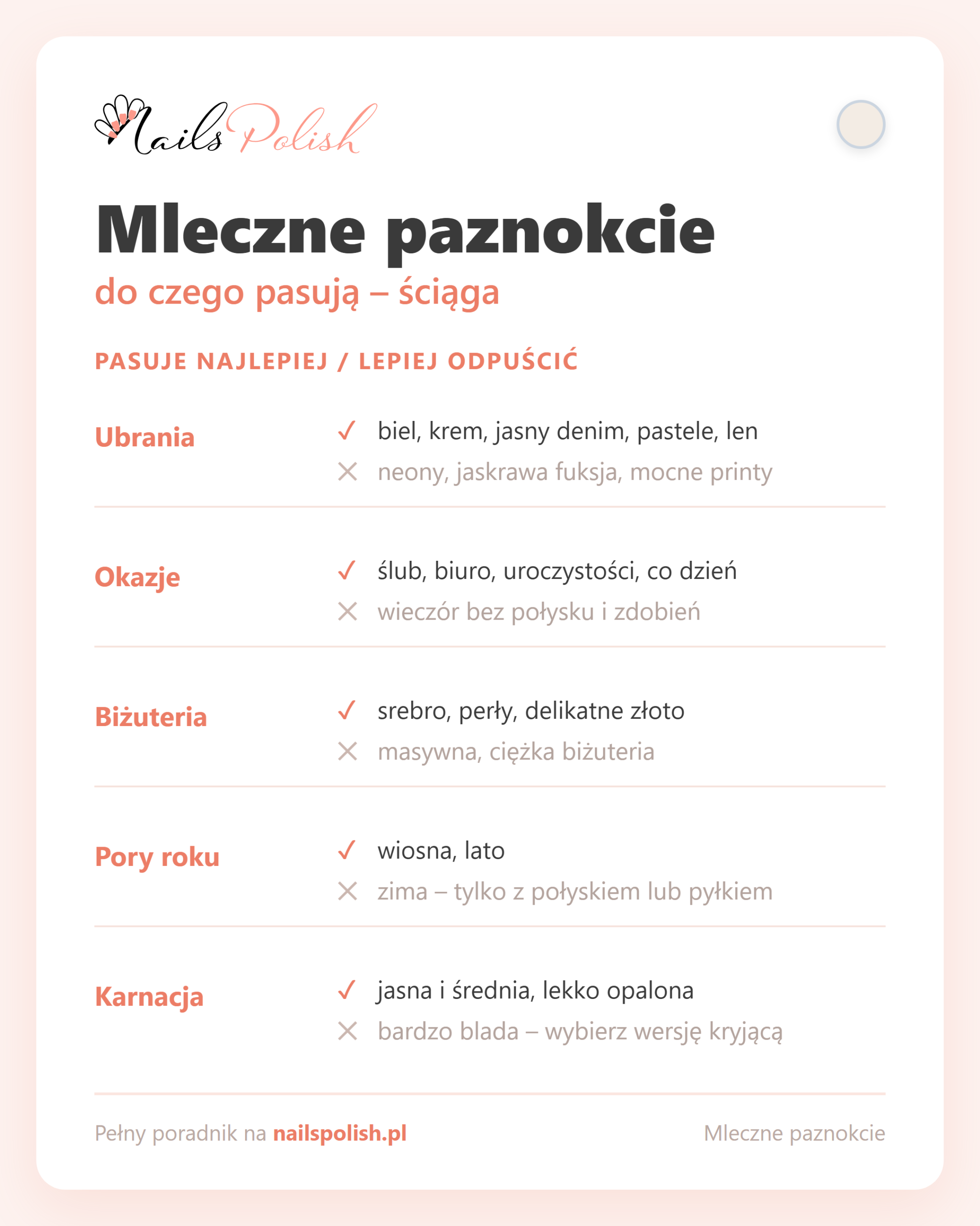Mleczne paznokcie – do czego pasują, ściąga dopasowań