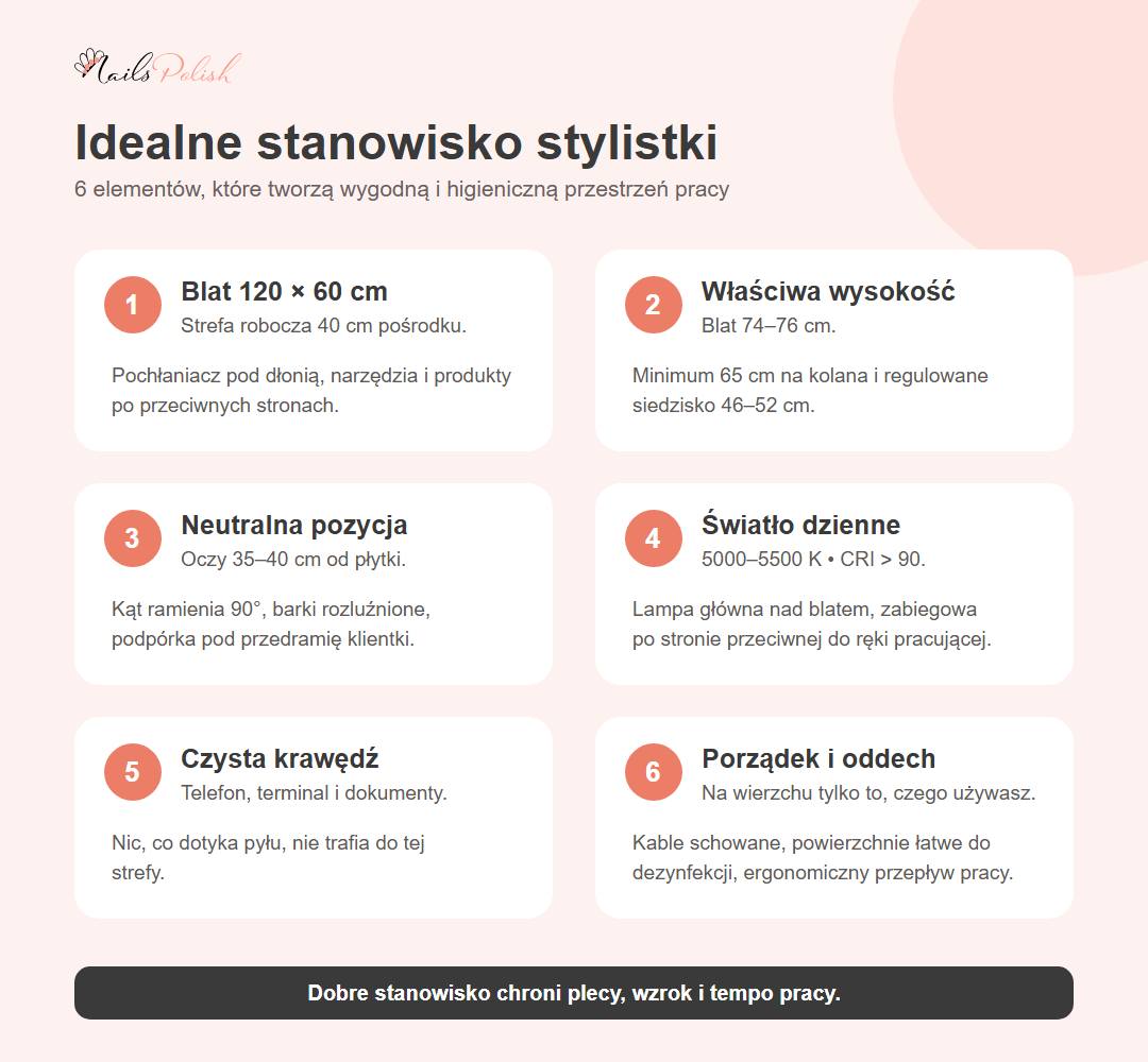 Idealne stanowisko stylistki paznokci – sześć elementów: wymiary blatu, wysokość, pozycja, światło, strefa czysta i porządek