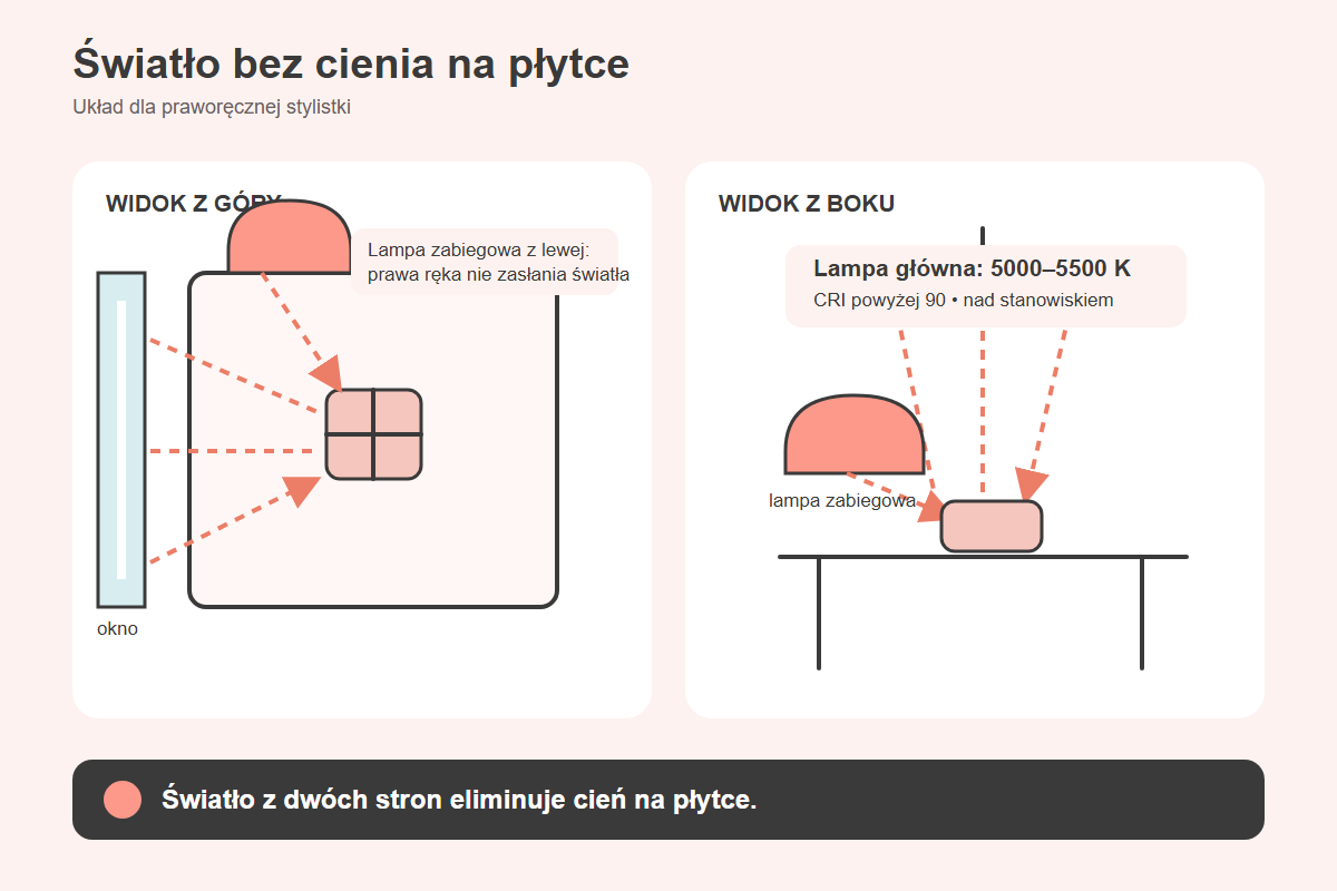 Schemat oświetlenia stanowiska – lampa główna 5000–5500 K nad blatem i lampa zabiegowa po stronie przeciwnej do ręki pracującej