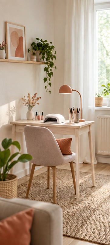 Stanowisko do manicure w mieszkaniu – wąskie biurko przy oknie, lampa LED i lampa zabiegowa na klipsie