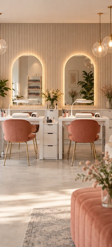 Salon dwustanowiskowy – dwa stanowiska do stylizacji paznokci ze wspólną strefą recepcyjną