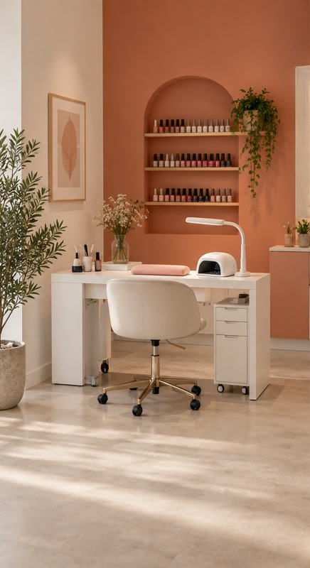 Jedno stanowisko w małym salonie manicure – blat 120 × 60 cm, fotel z regulacją i mobilna szafka