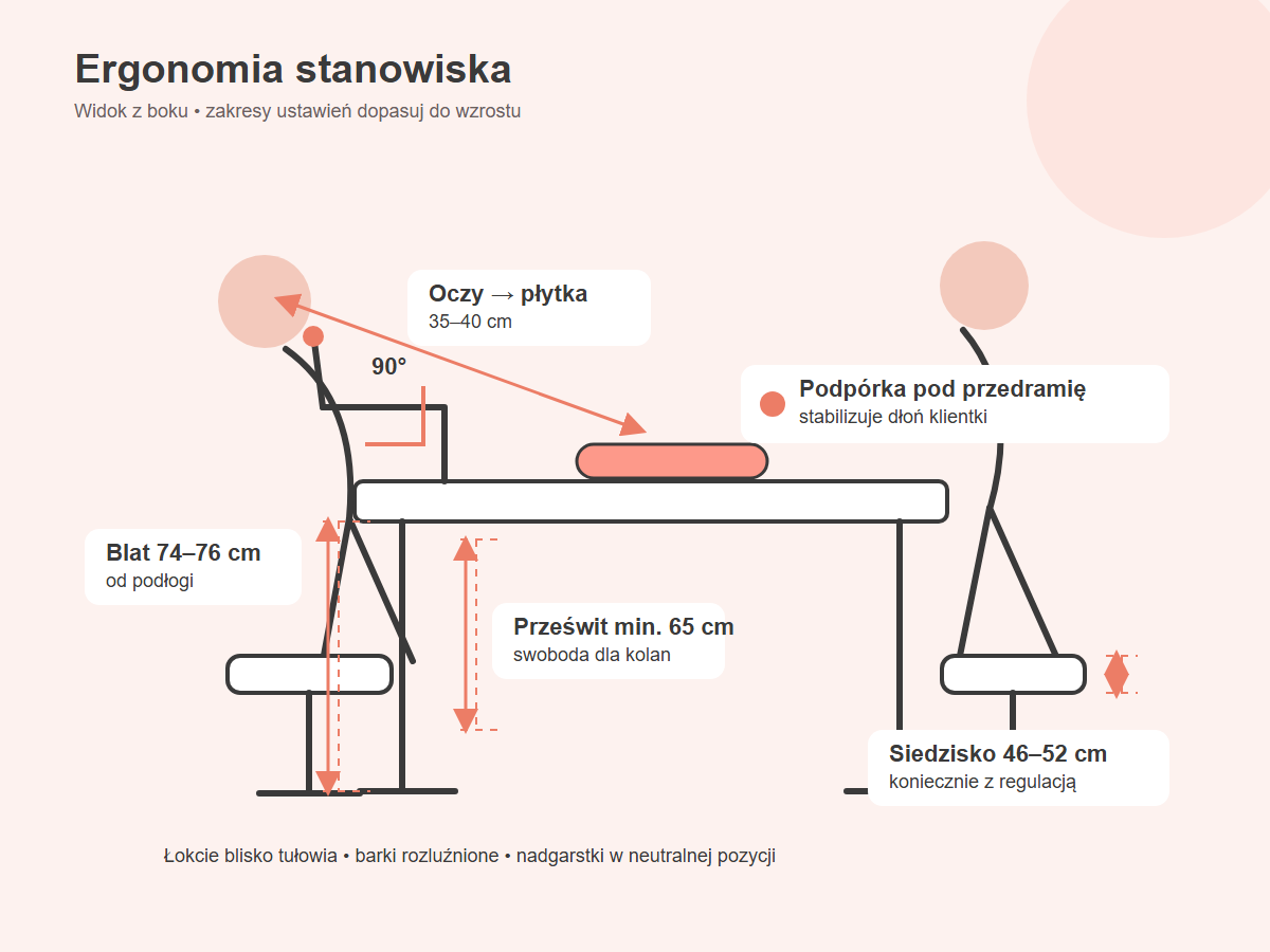 Ergonomia stanowiska stylistki paznokci – wysokość blatu 74–76 cm, prześwit 65 cm, siedzisko 46–52 cm, oczy 35–40 cm od płytki