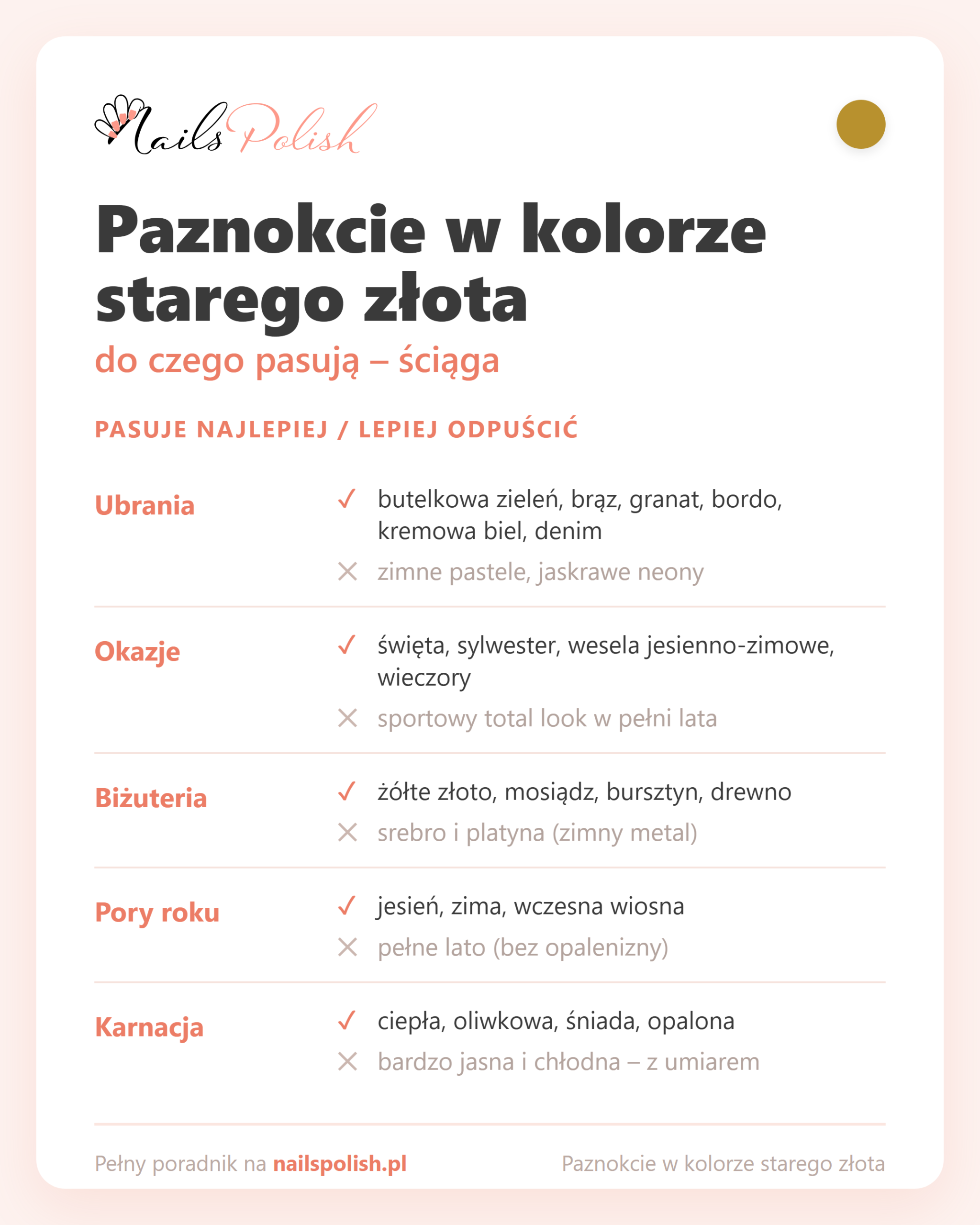 Paznokcie w kolorze starego złota – do czego pasują, ściąga dopasowań