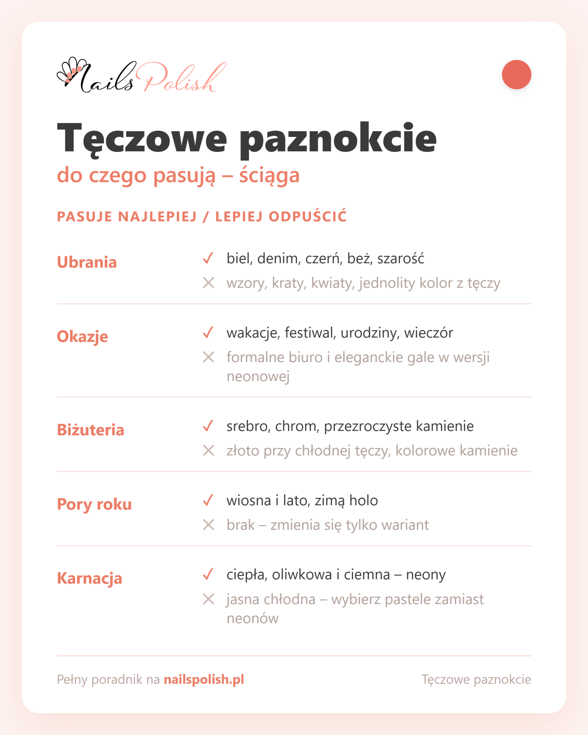 Tęczowe paznokcie – do czego pasują, ściąga dopasowań